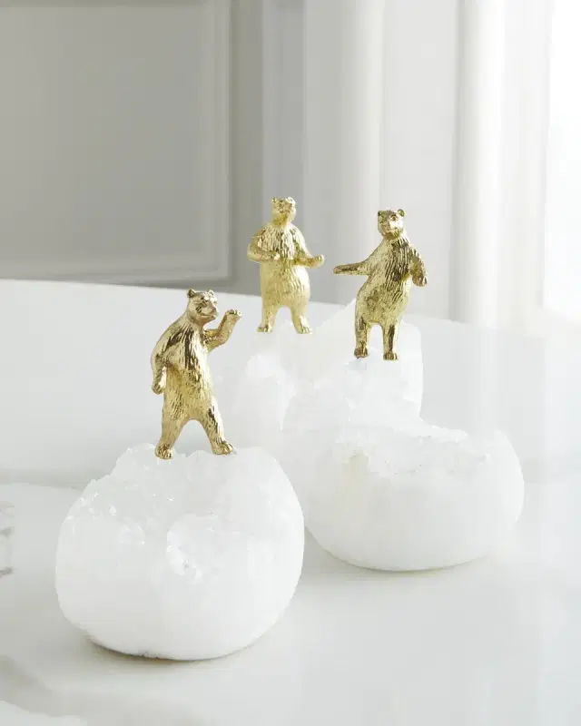 John-Richard Collection Brass Bear Figure on Quartz Sculptures, Set of 3