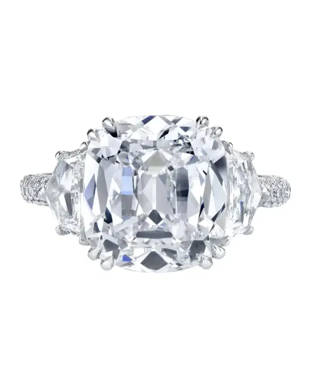 Platinum 3 Stone Ring with Large Cushion Cut Diamond, Trapezoid Sides, 3 Row Micro Pave Shank and Diamond Basket, Size 6.5, 14.06tcw