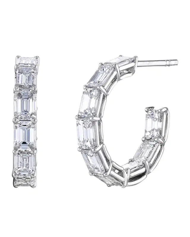 18K Gold North-South Emerald-Cut Diamond Hoop Earrings, 5.95tcw/0.75"L