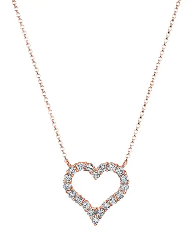 18K Gold Shared Prong Round Diamond Heart Pendant 16" Necklace