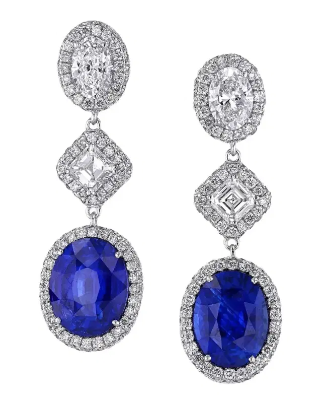 18K White Gold Dangling Diamond and Sapphire Earrings, 1.29"L x 0.44"W