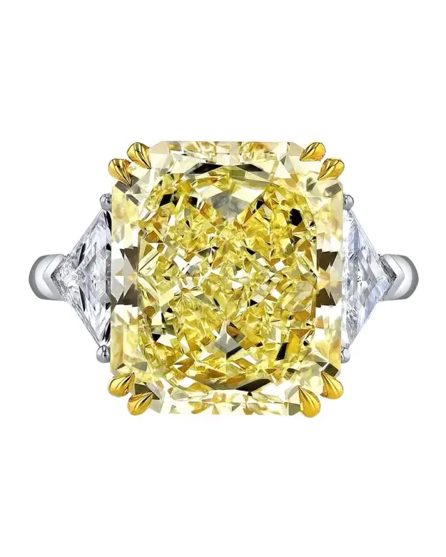 Platinum and 18K Yelow Gold Large Fancy Yellow Radiant Cut Ring with White Diamond and Triangular Sides, Size 6.5, 23.22tcw