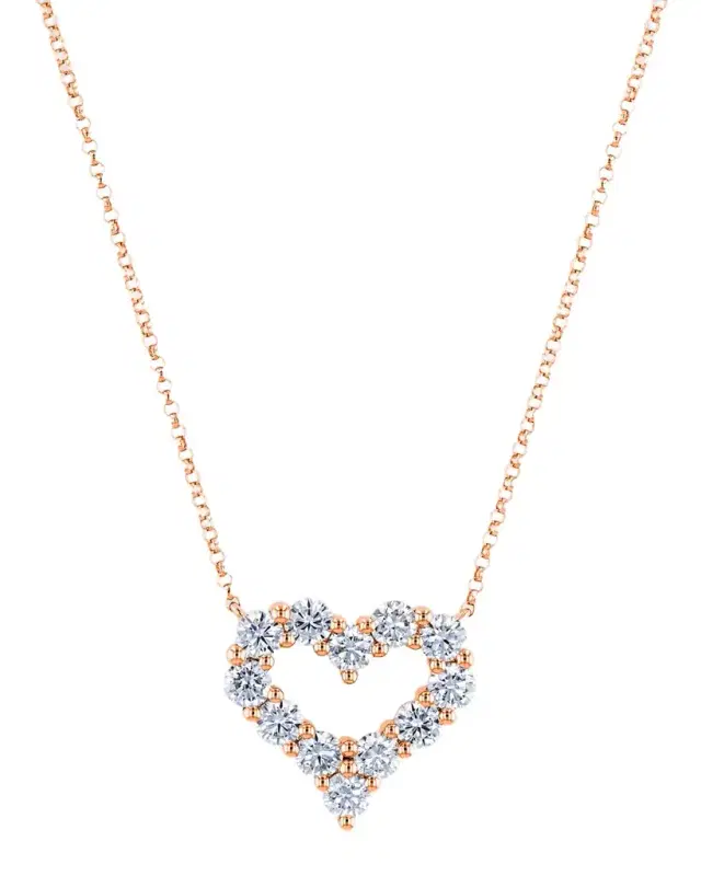 18K Gold Shared Prong Round Diamond Heart Pendant 16" Necklace