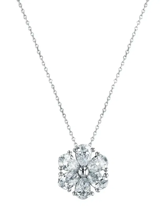 18K Gold Pear-Shaped Diamond Floral Pendant 16" Necklace, 3.00tcw