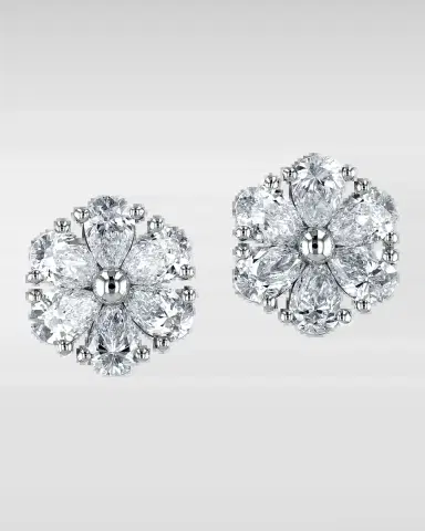 Neiman Marcus Diamonds 18K Gold Pear-Shaped Diamond Flower Stud Earrings, 2.4tcw, 0.45"L / 0.45"W | Thumbnail 2 Neiman Marcus Diamonds 18K Gold Pear-Shaped Diamond Flower Stud Earrings, 2.4tcw, 0.45"L / 0.45"W | Thumbnail 2