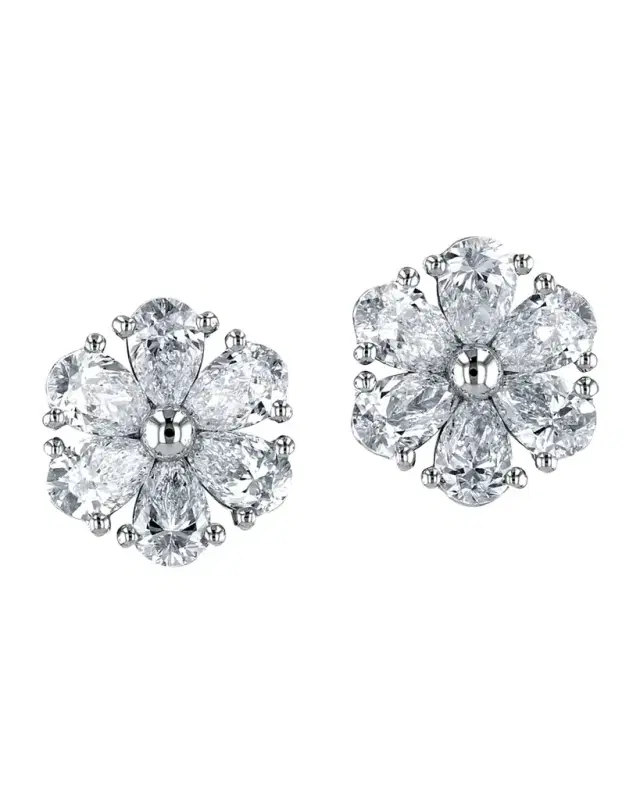18K Gold Pear-Shaped Diamond Flower Stud Earrings, 6tcw, 0.59"L / 0.59"W