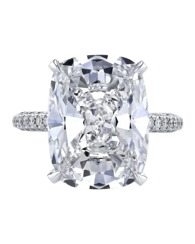 Platinum White Cushion Diamond Ring with 3 Sided Micro Pave Shank and Basket, Size 6.5, 23.72tcw