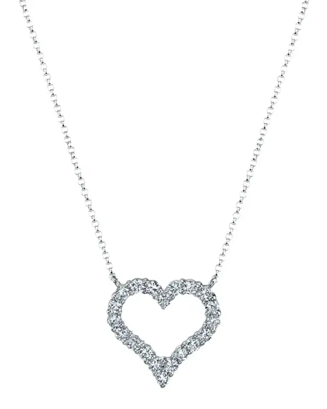 18K Gold Shared-Prong Round Diamond Heart Pendant Necklace, 16"L, 0.65tcw