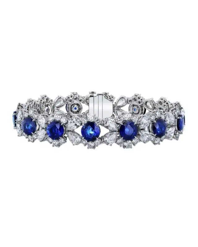 Platinum Mixed Diamond Bracelet with Round Blue Sapphires, 7"