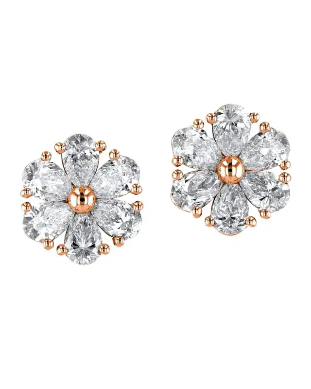18K Gold Pear-Shaped Diamond Flower Stud Earrings, 6tcw, 0.59"L / 0.59"W