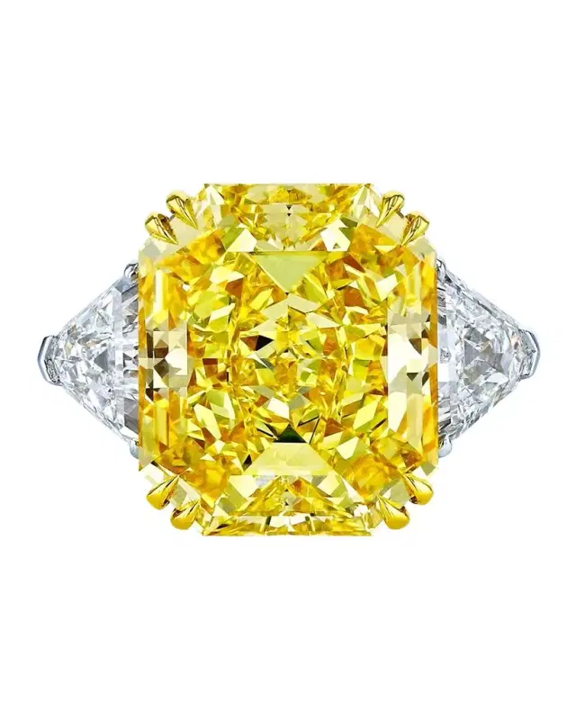 Platinum and 18K Yellow Gold Radiant Cut Yellow Diamond Ring with White Diamond and Shield Sides, Size 6.5, 24.64tcw