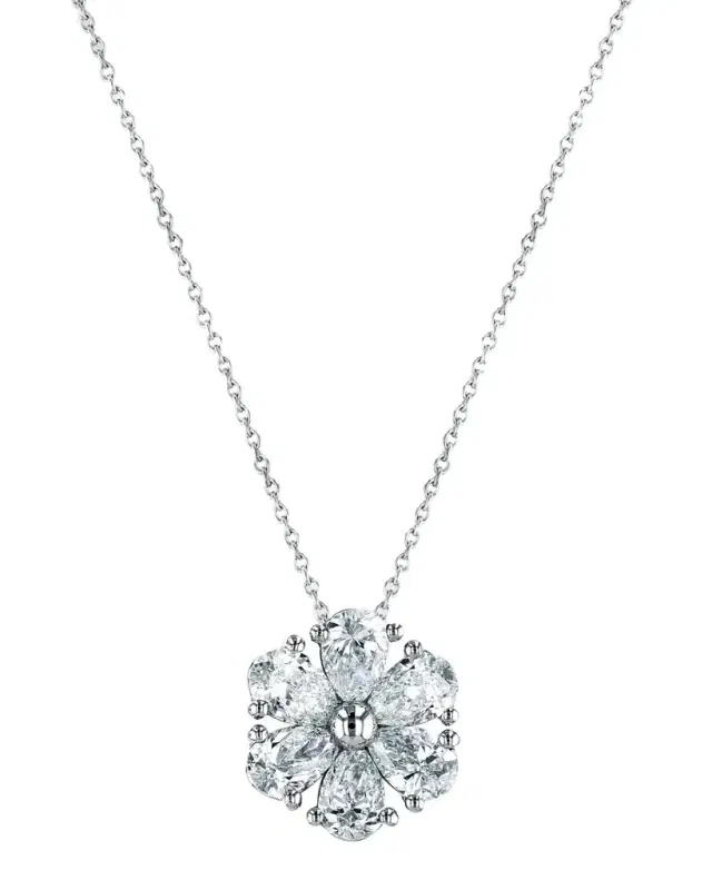 18K Gold Pear-Shaped Diamond Floral Pendant 16" Necklace