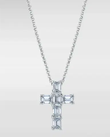 Neiman Marcus Diamonds 18K Gold 6-Stone Shared Prong Emerald Cut Diamond Cross Necklace, 16"L, 1.50tcw | Thumbnail 2 Neiman Marcus Diamonds 18K Gold 6-Stone Shared Prong Emerald Cut Diamond Cross Necklace, 16"L, 1.50tcw | Thumbnail 2