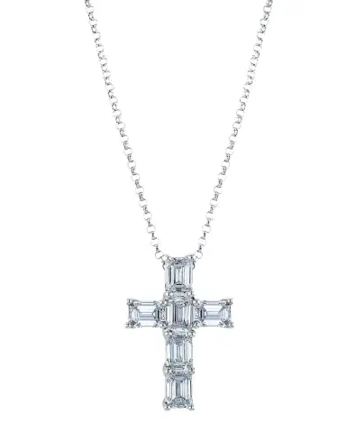 Neiman Marcus Diamonds 18K Gold 6-Stone Shared Prong Emerald Cut Diamond Cross Necklace, 16"L, 1.50tcw | Thumbnail 1 Neiman Marcus Diamonds 18K Gold 6-Stone Shared Prong Emerald Cut Diamond Cross Necklace, 16"L, 1.50tcw | Thumbnail 1