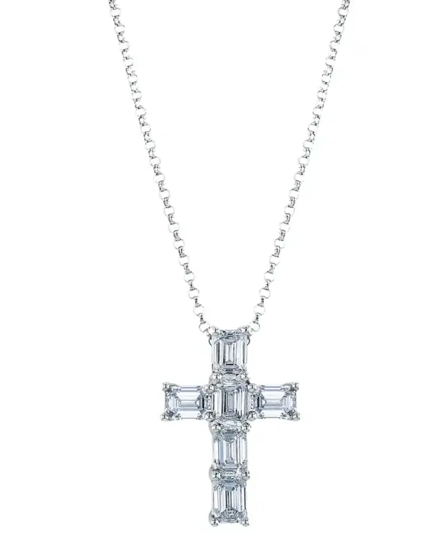 18K Gold 6-Stone Shared Prong Emerald Cut Diamond Cross Necklace, 16"L, 1.50tcw