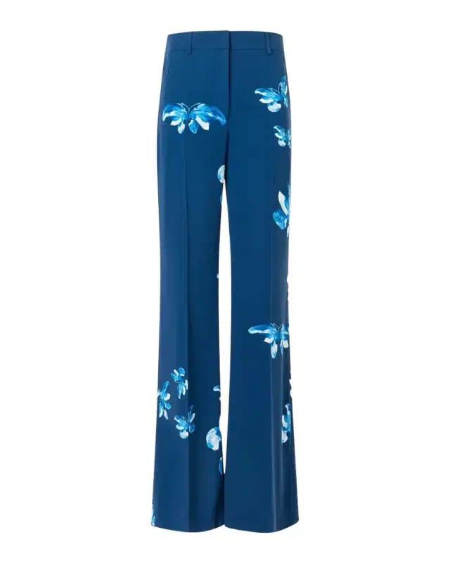 Butterfly-Print Silk Bootcut-Leg Trousers