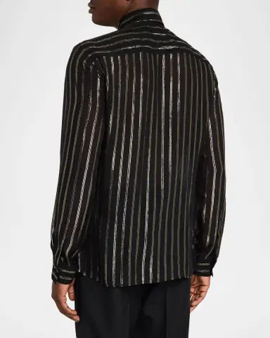 Valentino Garavani Men's Silk Chiffon Metallic-Stripe Sport Shirt | Thumbnail 3 Valentino Garavani Men's Silk Chiffon Metallic-Stripe Sport Shirt | Thumbnail 3
