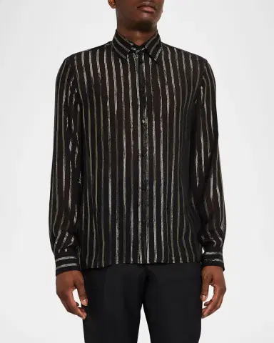 Valentino Garavani Men's Silk Chiffon Metallic-Stripe Sport Shirt | Thumbnail 4 Valentino Garavani Men's Silk Chiffon Metallic-Stripe Sport Shirt | Thumbnail 4