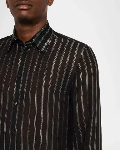 Valentino Garavani Men's Silk Chiffon Metallic-Stripe Sport Shirt | Thumbnail 5 Valentino Garavani Men's Silk Chiffon Metallic-Stripe Sport Shirt | Thumbnail 5