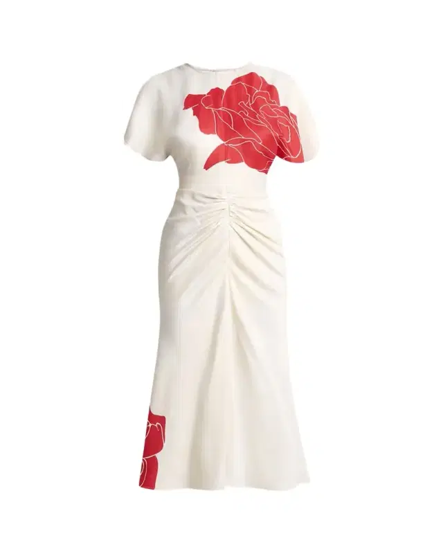Ruched Floral-Print Viscose Midi Dress