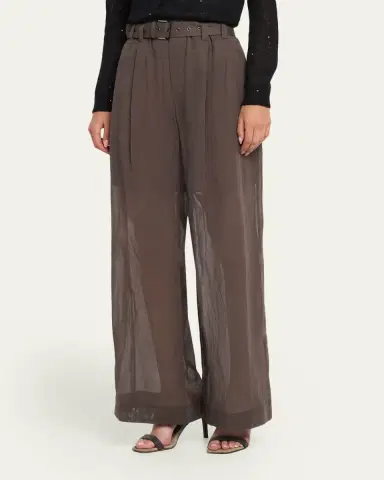 Brunello Cucinelli Sheer Cotton Voile Wide-Leg Pants With Belt | Thumbnail 4