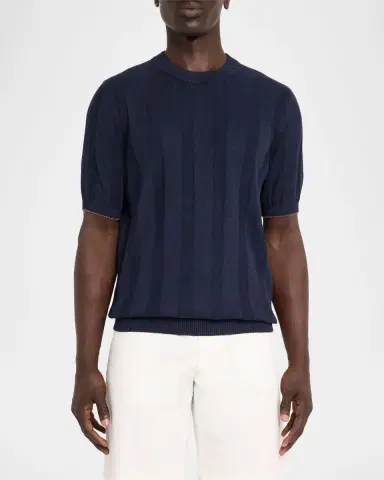 Brunello Cucinelli Men's Linen and Cotton Ribbed Short-Sleeve Sweater | Thumbnail 8