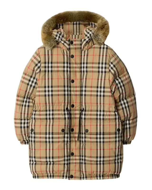 Boy 's Faux-Fur Trim Check Nylon Puffer Coat, Size 3-14
