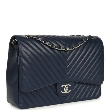Chanel Chanel Maxi Classic Chevron Double Flap Bag Dark Blue Caviar Silver Hardware | Thumbnail 2