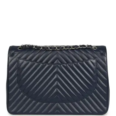 Chanel Chanel Maxi Classic Chevron Double Flap Bag Dark Blue Caviar Silver Hardware | Thumbnail 4
