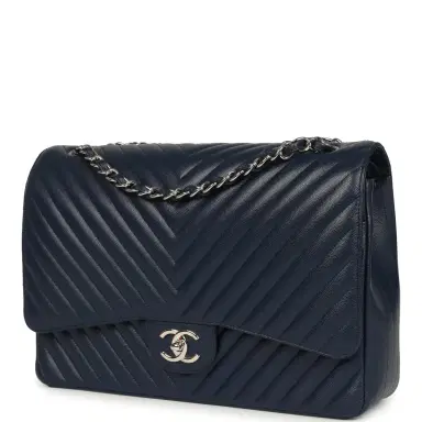 Chanel Chanel Maxi Classic Chevron Double Flap Bag Dark Blue Caviar Silver Hardware | Thumbnail 5