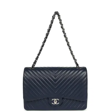 Chanel Chanel Maxi Classic Chevron Double Flap Bag Dark Blue Caviar Silver Hardware | Thumbnail 7