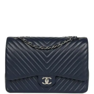 Chanel Chanel Maxi Classic Chevron Double Flap Bag Dark Blue Caviar Silver Hardware | Thumbnail 1