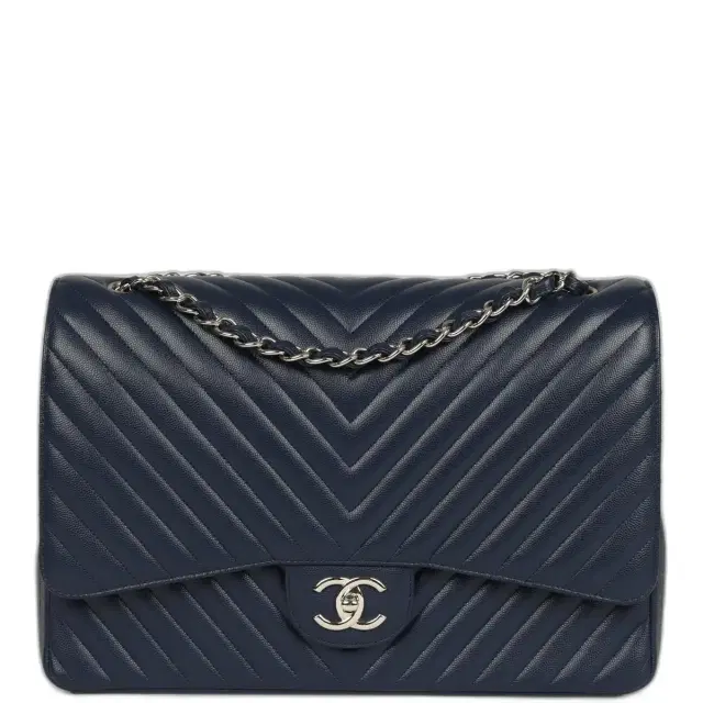 Chanel Chanel Maxi Classic Chevron Double Flap Bag Dark Blue Caviar Silver Hardware