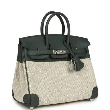 HERMÈS Hermes Birkin 25 Ecru-Vert Amande Toile H Canvas and Vert Mangrove Swift Palladium Hardware | Thumbnail 2 HERMÈS Hermes Birkin 25 Ecru-Vert Amande Toile H Canvas and Vert Mangrove Swift Palladium Hardware | Thumbnail 2