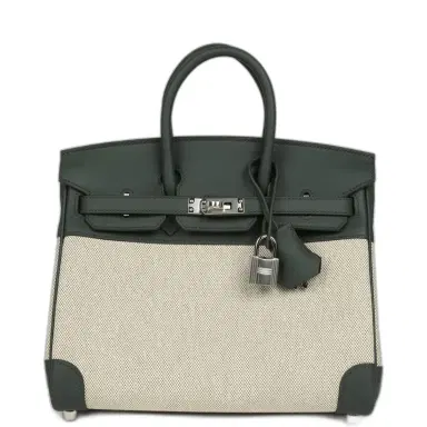HERMÈS Hermes Birkin 25 Ecru-Vert Amande Toile H Canvas and Vert Mangrove Swift Palladium Hardware | Thumbnail 1 HERMÈS Hermes Birkin 25 Ecru-Vert Amande Toile H Canvas and Vert Mangrove Swift Palladium Hardware | Thumbnail 1
