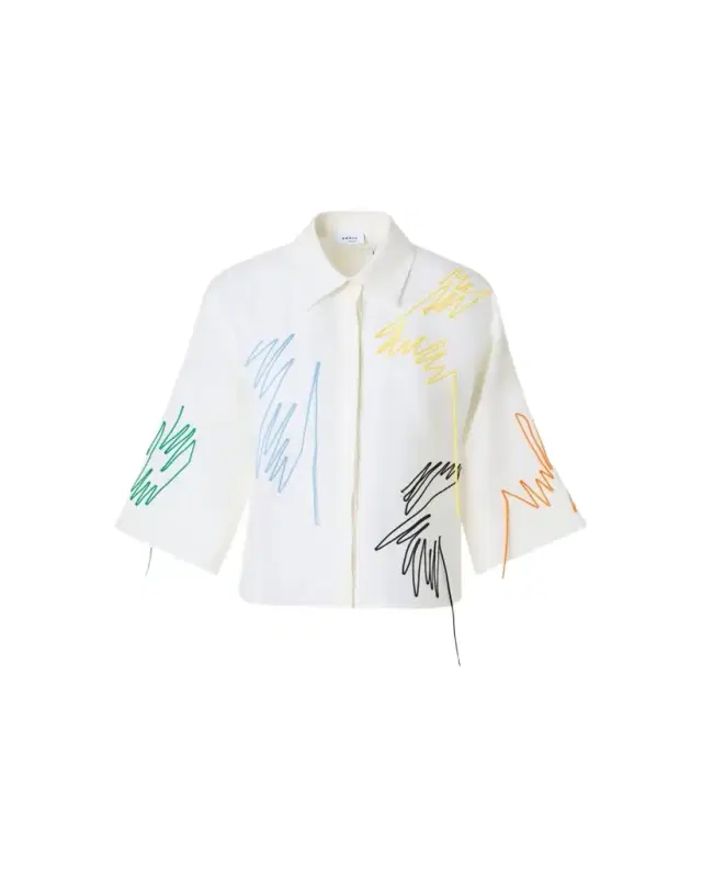 Scribble Applique 3/4-Sleeve Linen Blouse