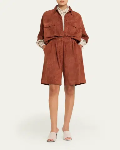 Brunello Cucinelli Suede Short-Sleeve Oversized Utility Shirt | Thumbnail 2 Brunello Cucinelli Suede Short-Sleeve Oversized Utility Shirt | Thumbnail 2