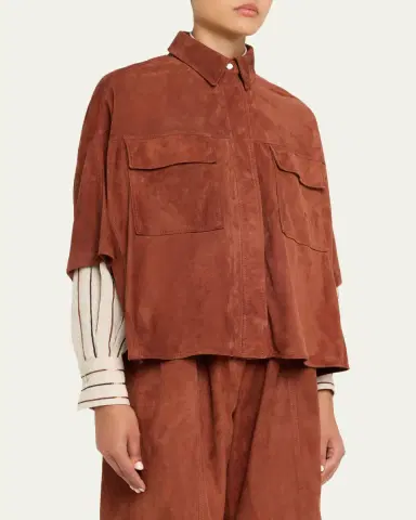 Brunello Cucinelli Suede Short-Sleeve Oversized Utility Shirt | Thumbnail 4 Brunello Cucinelli Suede Short-Sleeve Oversized Utility Shirt | Thumbnail 4