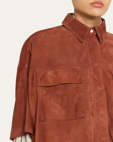 Brunello Cucinelli Suede Short-Sleeve Oversized Utility Shirt | Thumbnail 5 Brunello Cucinelli Suede Short-Sleeve Oversized Utility Shirt | Thumbnail 5