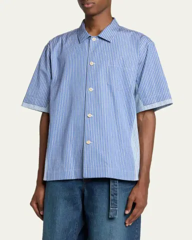 Sacai Men's Colorblock Striped Poplin Short-Sleeve Sport Shirt | Thumbnail 4 Sacai Men's Colorblock Striped Poplin Short-Sleeve Sport Shirt | Thumbnail 4