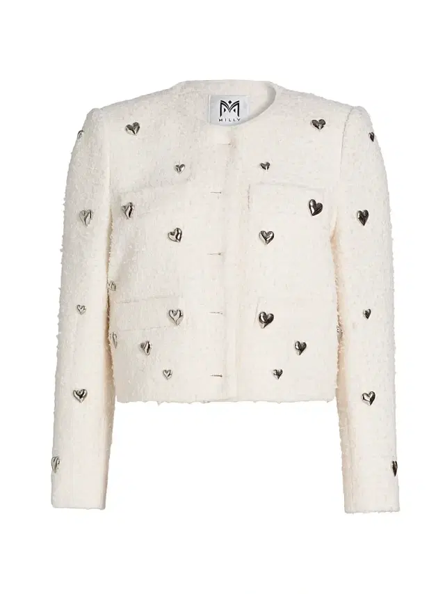 Milly Women's Pheobe Heart Bouclé Crewneck Jacket - White