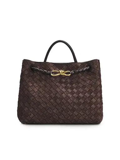 Bottega Veneta Women's Andiamo Medium Intrecciato Suede Top Handle Bag - Fondant Brass | Thumbnail 1 Bottega Veneta Women's Andiamo Medium Intrecciato Suede Top Handle Bag - Fondant Brass | Thumbnail 1