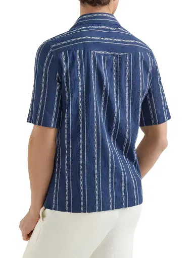 Brunello Cucinelli Men's Ethnic Stripe Seersucker Easy Fit Short Sleeve Shirt with Camp Collar | Thumbnail 3 Brunello Cucinelli Men's Ethnic Stripe Seersucker Easy Fit Short Sleeve Shirt with Camp Collar | Thumbnail 3