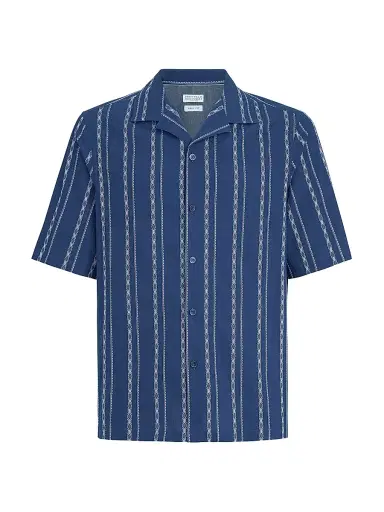 Brunello Cucinelli Men's Ethnic Stripe Seersucker Easy Fit Short Sleeve Shirt with Camp Collar | Thumbnail 1 Brunello Cucinelli Men's Ethnic Stripe Seersucker Easy Fit Short Sleeve Shirt with Camp Collar | Thumbnail 1