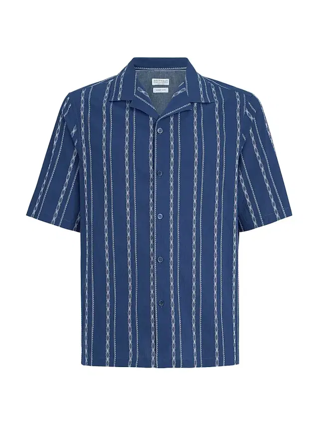Men's Ethnic Stripe Seersucker Easy Fit Short Sleeve Shirt with Camp Collar - Navy Blue