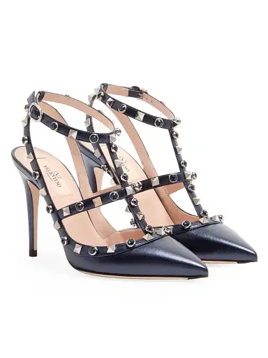 Valentino Garavani Women's Rockstud Pumps 100MM in Laminated Nappa with Cabochon - Navy | Thumbnail 2