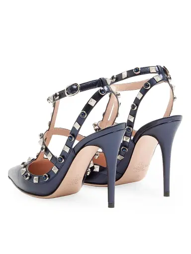 Valentino Garavani Women's Rockstud Pumps 100MM in Laminated Nappa with Cabochon - Navy | Thumbnail 3