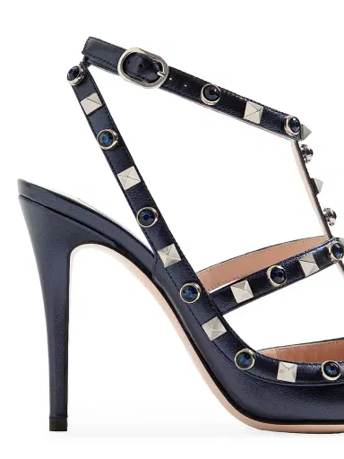 Valentino Garavani Women's Rockstud Pumps 100MM in Laminated Nappa with Cabochon - Navy | Thumbnail 6
