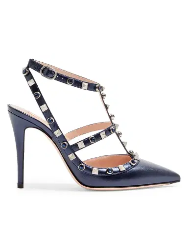 Valentino Garavani Women's Rockstud Pumps 100MM in Laminated Nappa with Cabochon - Navy | Thumbnail 1