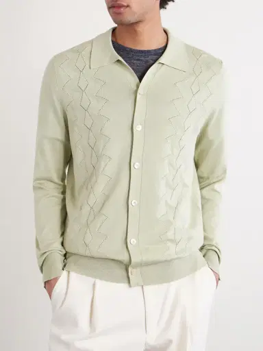 PIACENZA 1733 Pointelle-Knit Silk and Cotton-Blend Cardigan - Men | Thumbnail 3